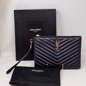 💯Authentic YSL Navy Blue Cassandra Chevron  Wristlet